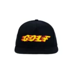 Shop the INFERNO 5 PANEL HAT by GOLF WANG – bold flame graphic cap with flat brim, adjustable strap, and lightweight 5-panel design. Limited edition drop from Tyler, The Creator.